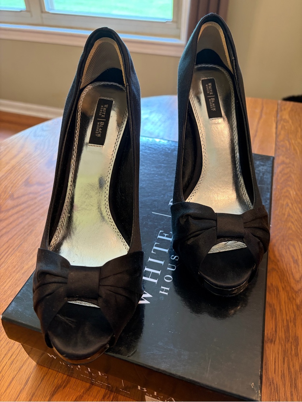 White House Black Market Black Suede Peep-Toe Knot Heels - Picture 2 of 6